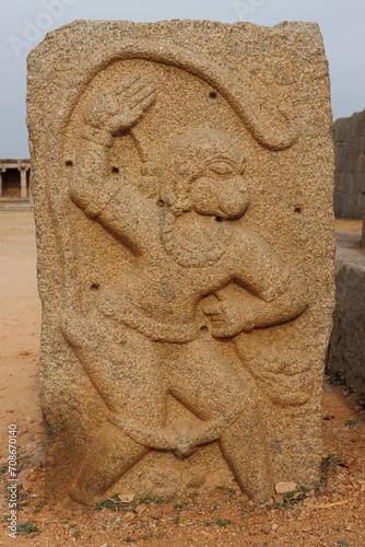 Lord Hanuman carving - Hazararama temple, Hampi, Karnataka, India, Asia photo