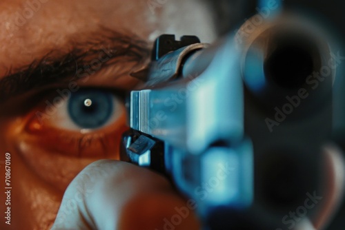 A close-up view of a person holding a gun. Can be used to depict concepts related to firearms, self-defense, crime, or law enforcement photo