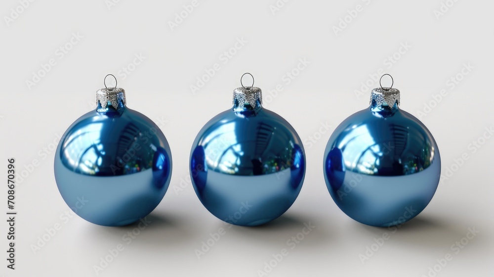 Three shiny blue Christmas ornaments displayed on a white surface. Perfect for holiday decorations and festive designs Three shiny blue Christmas ornaments displayed on a white surface. Perfect for holiday decorations and festive designs