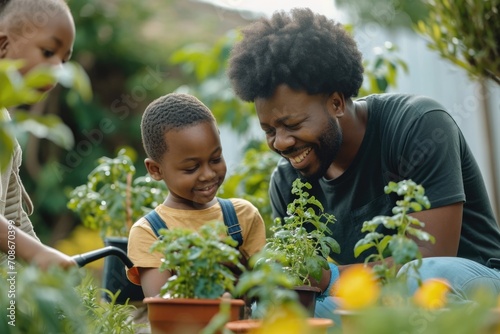 Joyful Family Time: African American Father and Son Watering Plants Together