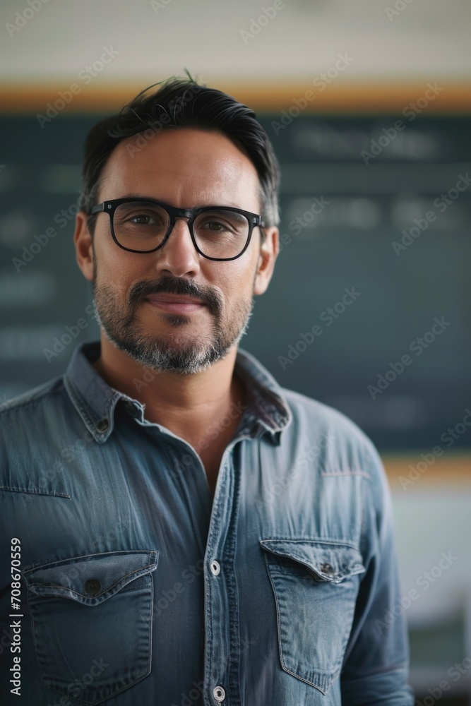 A man with glasses standing in front of a blackboard. Suitable for educational or business-related content A man with glasses standing in front of a blackboard. Suitable for educational or business-related content