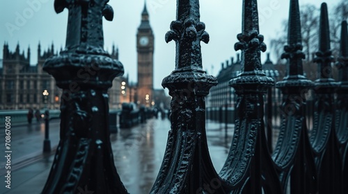 A picture of a black iron fence with a clock tower in the background. This image can be used to depict a historical or architectural setting photo