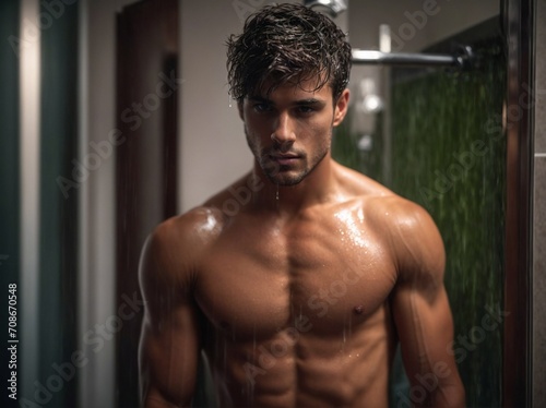 Shirtless Man Standing in Front of Shower. Generative AI.