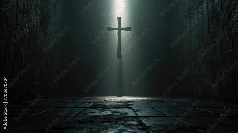 A cross is displayed in the middle of a dark room. This image can be used to represent religious symbolism and spirituality - obrazy, fototapety, plakaty 