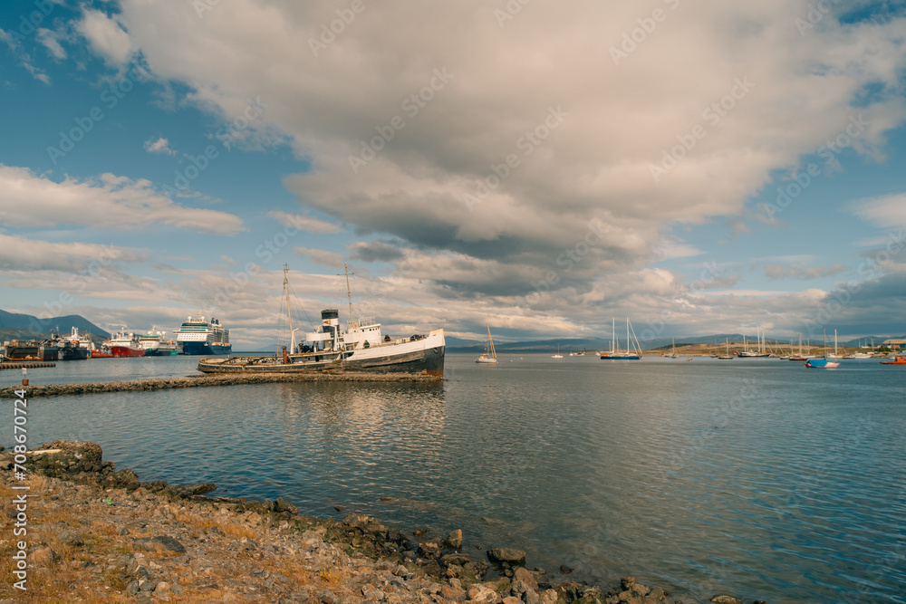 Decommissioned Saint Christopher Old Ship in Ushuaia City Harbour. Tierra Del Fuego Southern Patagonia Argentina - dec 2th 2023