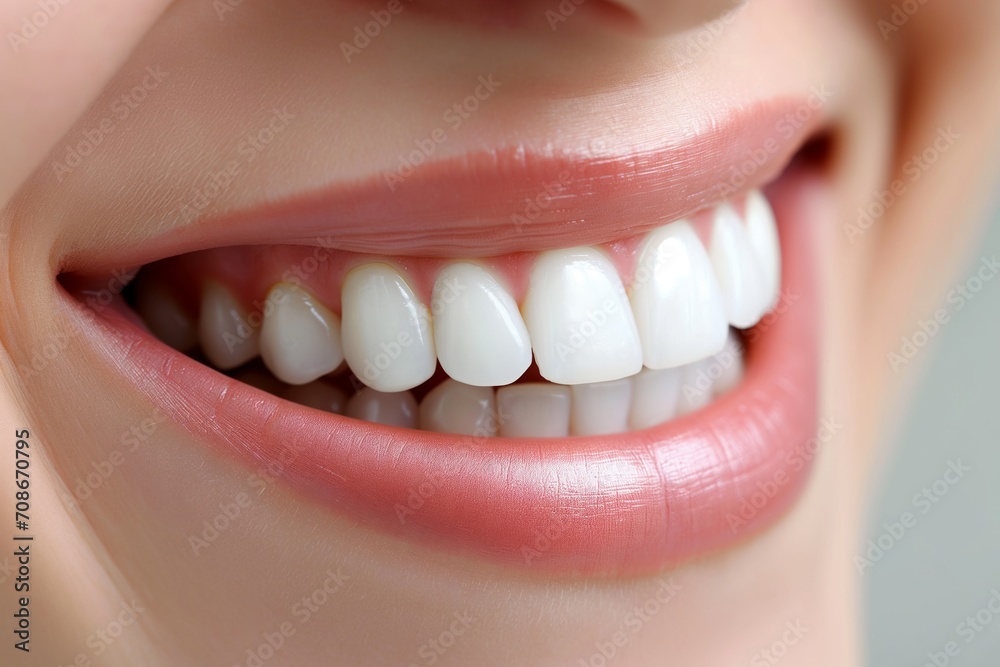 Closeup of womans smile with white teeth. Dental care, teeth whitening procedure at dentist Closeup of womans smile with white teeth. Dental care, teeth whitening procedure at dentist