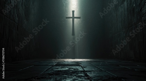 A cross is displayed in the middle of a dark room. This image can be used to represent religious symbolism and spirituality photo
