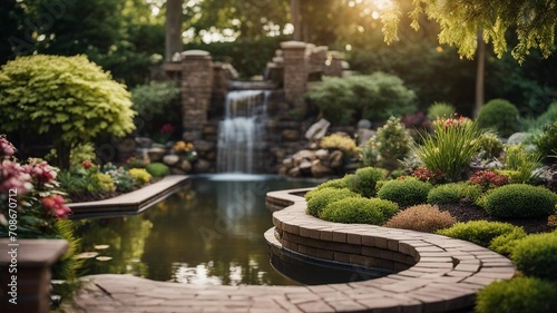 fountain in the park Fantasy backyard landscaping with a patio, a waterfall, a pond, a garden, trees, plants, a trellis 