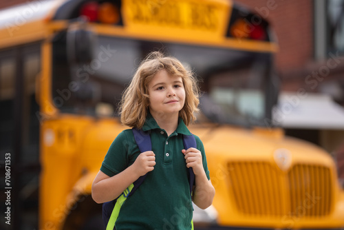 Student ready to study. Educational concept. Child getting on the school bus. American School. Back to school. Kid of primary school. Happy children ready to study.