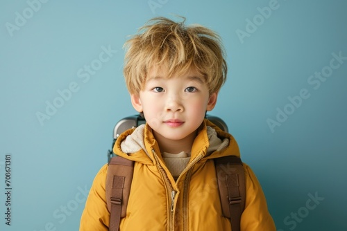 A young boy is pictured wearing a yellow jacket and carrying a backpack. This image can be used to represent outdoor activities, school, or travel