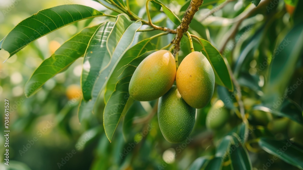 A bunch of ripe mangoes hanging from a tree. Perfect for tropical fruit lovers or food-related projects