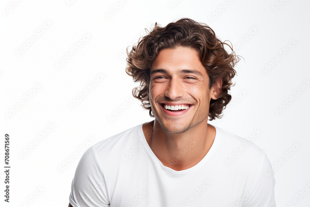 Generative AI crafts diverse descriptions for a studio portrait: Handsome young Caucasian man, perfect teeth, joyously laughing, against a white backdrop Generative AI crafts diverse descriptions for a studio portrait: Handsome young Caucasian man, perfect teeth, joyously laughing, against a white backdrop