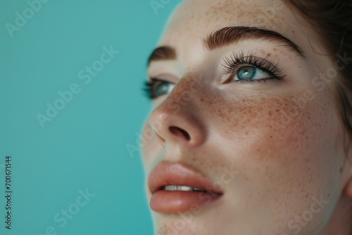 A close-up shot of a woman with freckles on her face. This image can be used to depict natural beauty and individuality