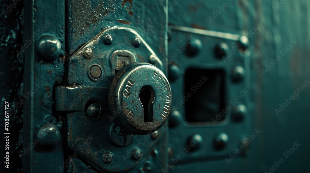 A close up view of a metal door with a lock. Suitable for security, home protection, or industrial concepts