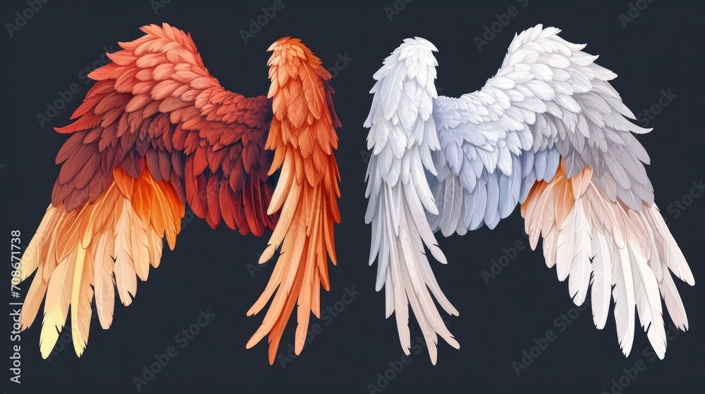 Fototapeta premium Three different colored wings on a black background. Can be used for various design projects