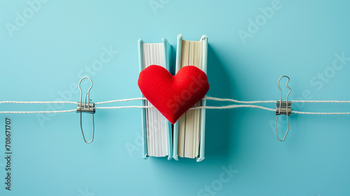 Paper books and a red heart, connected by clips, are a symbol of love, knowledge, and creativity. ai generated.