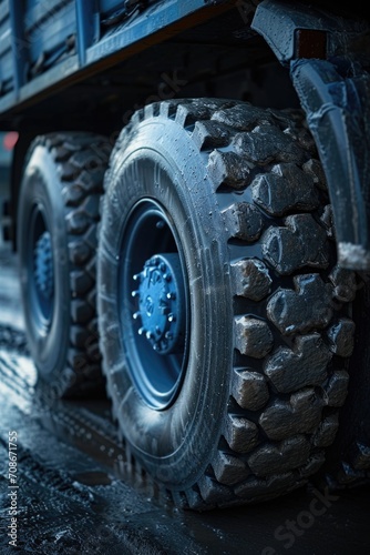 Close up of a truck tire on a road. Perfect for transportation and automotive-related projects