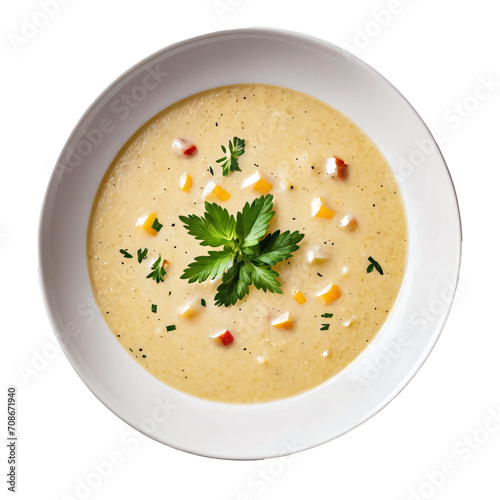 bird's eye view on a paprika cream soup in a bowl isolated against transparent background