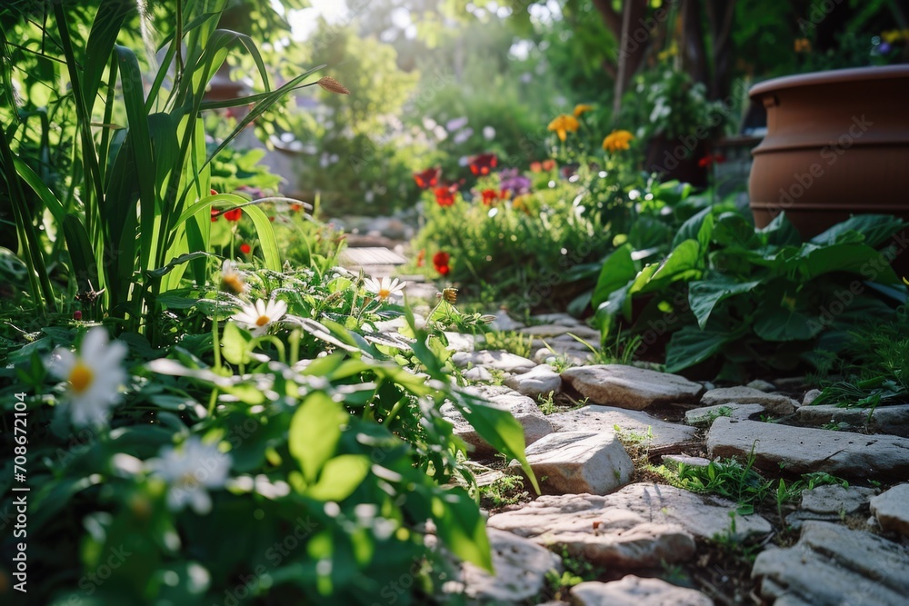 A scenic stone path winding through a beautiful garden filled with colorful plants and flowers. Perfect for adding a touch of nature and tranquility to any project