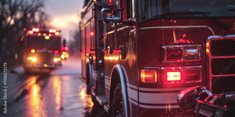 Naklejka premium Fire trucks in action on a street. Suitable for emergency response and firefighting concepts