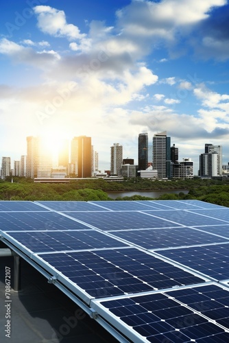 Solar panels on the roof of a building with a city skyline in the background