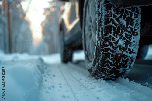 A close up view of a tire on a snowy road. This image can be used to depict winter driving conditions or to illustrate the need for snow tires