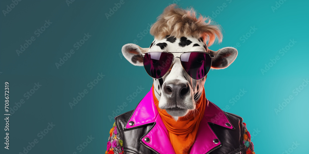 Punk Rock Colorful cow spotted farm Animal Vibrant Bright and Fashionable Cool Group Outfit and Background Sunglasses Banner Advertisement Fun Creative Birthday Invitation generative ai