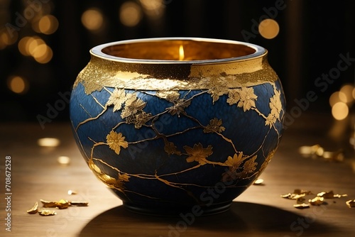 A kintsugi flower vase, its intricate cracks filled with shimmering gold, radiating a warm glow from the back light, a symbol of resilience and beauty in imperfection. 
