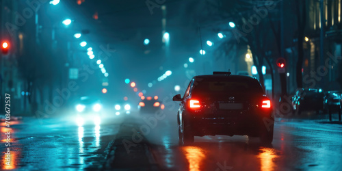 A car driving down a wet street at night. Perfect for depicting urban night scenes and rainy cityscapes