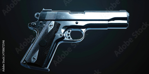 Close up view of a gun on a black background. This image can be used to depict firearms, crime scenes, law enforcement, or personal protection photo