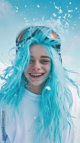 A girl with dyed hair at a ski resort.