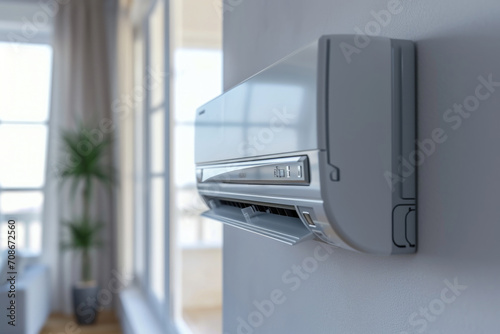 An image of a wall mounted air conditioner in a living room. This picture can be used to showcase modern cooling solutions for homes or to illustrate energy-efficient home appliances