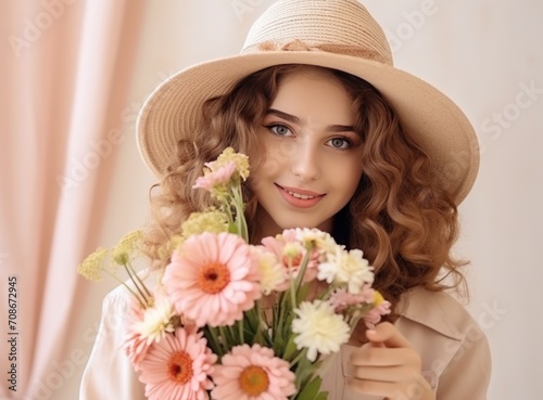 the young woman smiles in a straw hat while holding a bouquet of flowers