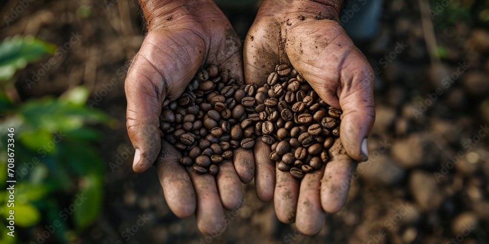 wrinkled hands holding coffee beans in their hands Generative AI - obrazy, fototapety, plakaty 