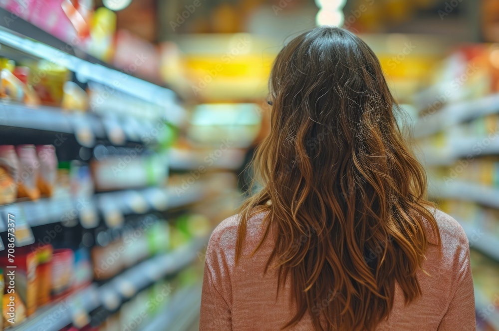 girl shopping at the grocery store rear view Generative AI