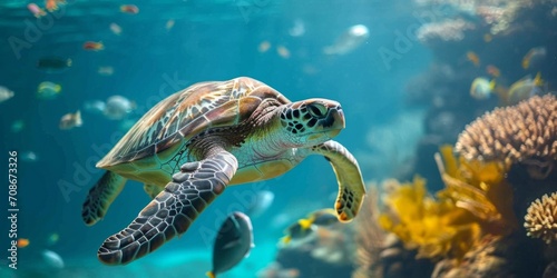 a large turtle swims underwater in the ocean Generative AI © València