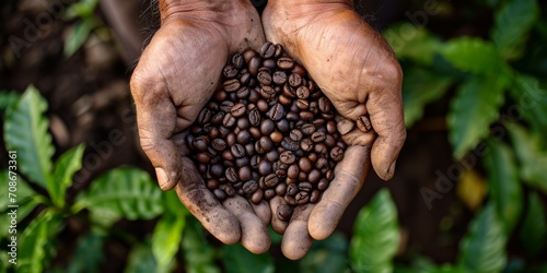 wrinkled hands holding coffee beans in their hands Generative AI