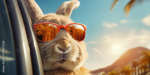 Hare Bunny Rabbit in Car with Head out the Window Driving Wearing Sunglasses on bright spring summer day traveling roadtrip generative ai photo