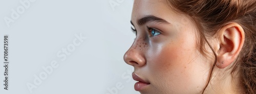 young girl with clear skin in profile on a Light background close-up Generative AI photo