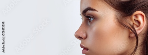 young girl with clear skin in profile on a Light background close-up Generative AI photo