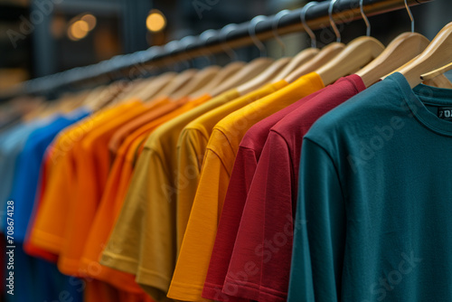 Colorful Collection of T-Shirts Displayed for Sale in a Shop, Hung on Wooden Clothes Hangers in a Clothing Rack Perfect Summer Tops Assortment Vibrant Wardrobe