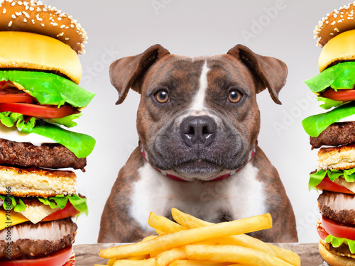 composite image of a cute dog on an isolated background with cheeseburgers and rench fries photo