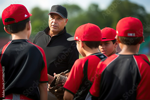  Baseball Coach Strategizing with Young Team on the Field