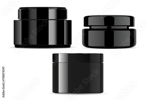 Cream jar. Black plastic container mockup, vector illustration. Black glossy glass package for beauty product, creative concept for advertising, marketing presentation, label and logo display