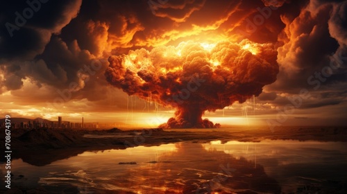 A nuclear explosion against the background of a city and mountains. Post-apocalypse. Nuclear war. Mushroom clouds. Radiation.