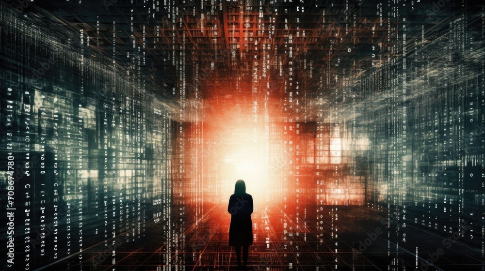 A man on the background of a digital background walks into the light. Futuristic background. Future. Abstraction. A man on the background of a digital background walks into the light. Futuristic background. Future. Abstraction.