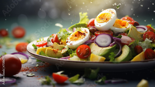  salad full of vegetables fruit and pieces of boil egg