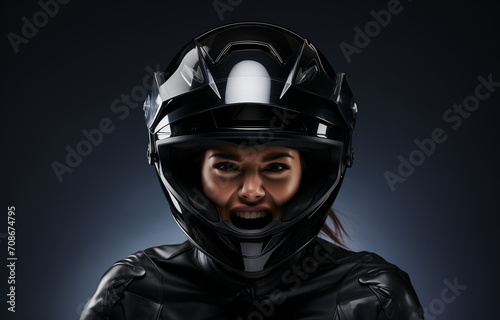 A woman with a motorcycle helmet, in the style of dark and menacing, exaggerated expressions. © Positive Click