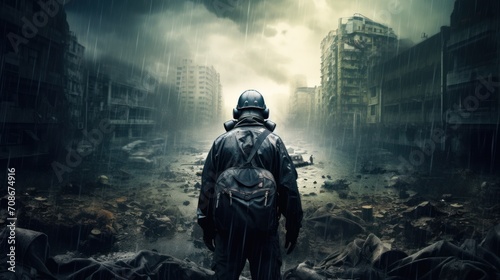 Gas mask-clad survivor in a protective suit stands amidst the wreckage-a stark image of post-apocalyptic urban decay.