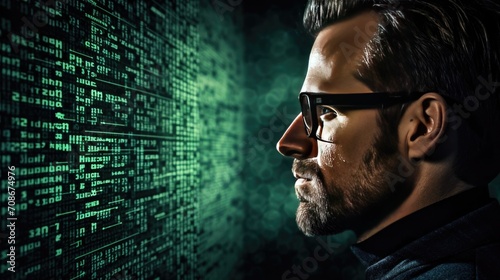 A man with glasses on the background of a digital abstract digital code. Futuristic background. Big date. Total control over people. Search for information.